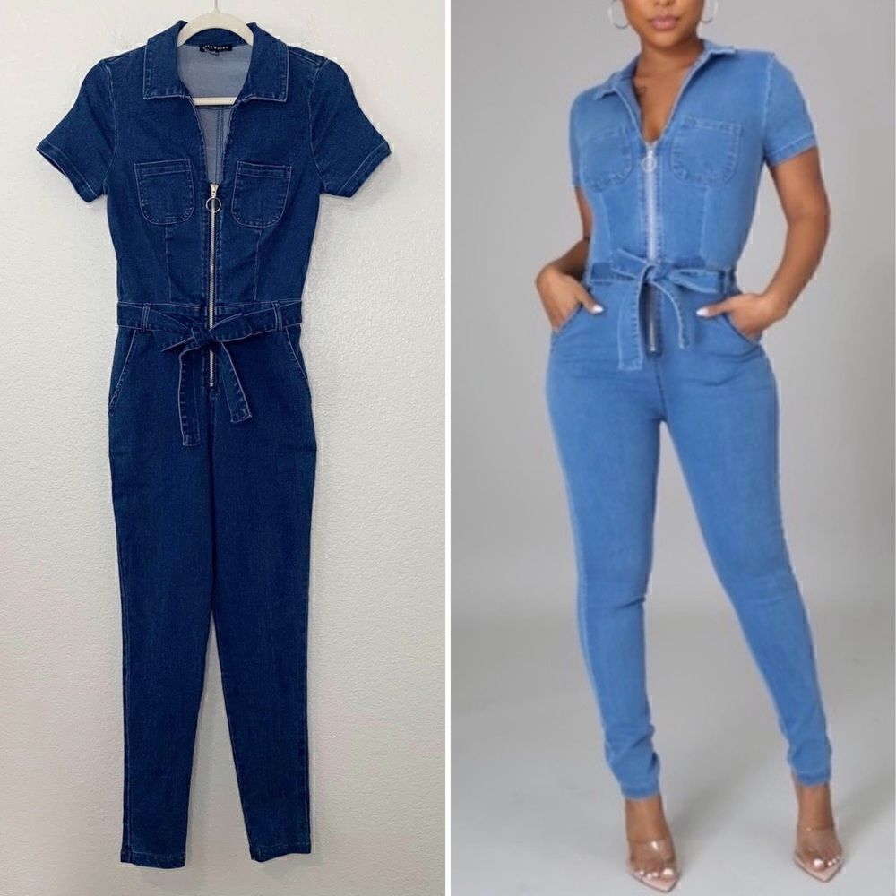 NWOT Haute Monde Zip Up Front Denim Short Sleeves Bodycon Jumpsuit, Sz Small